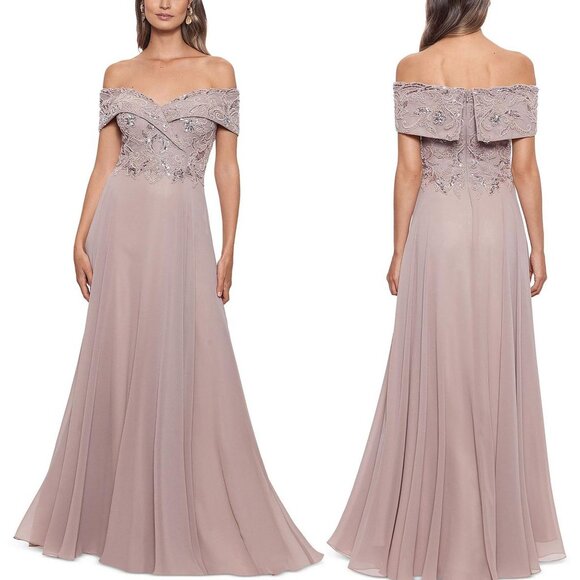 New! Xscape Petites Taupe Drapey Evening Maxi Dress Size 4P 26758 - Picture 1 of 15